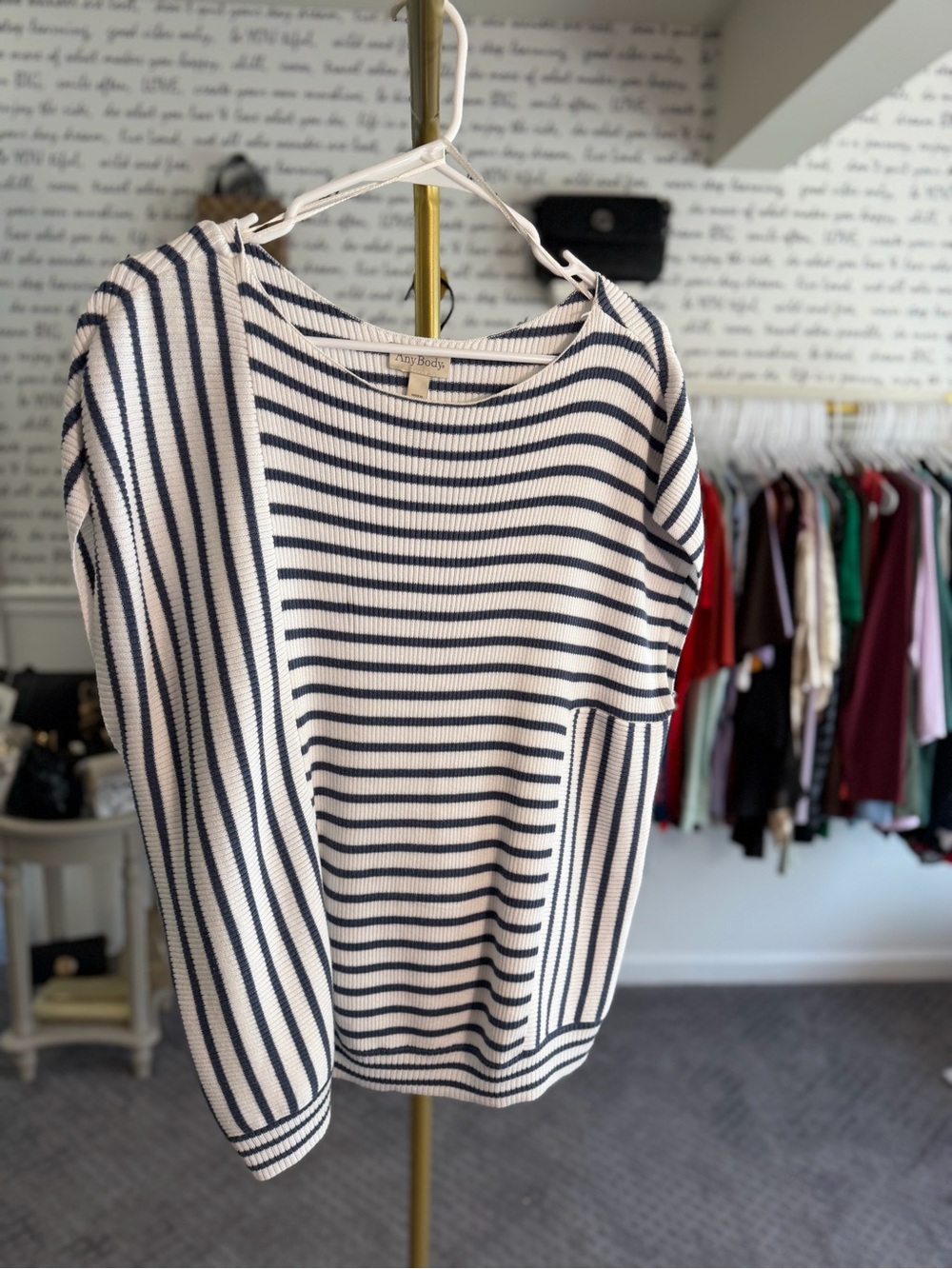 AnyBody White & Navy Striped Boatneck Knit Top